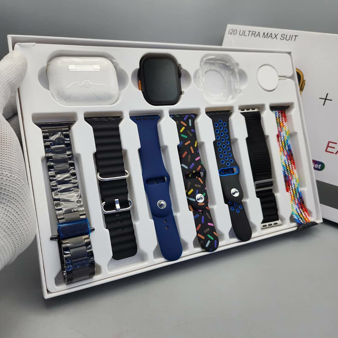 i20 Ultra MAX Suit(10 in 1 Set) SmartWatch + Aiir pods Pro with Transparent Screen Guard Watch with Seven Decorated Straps Rjmobile01