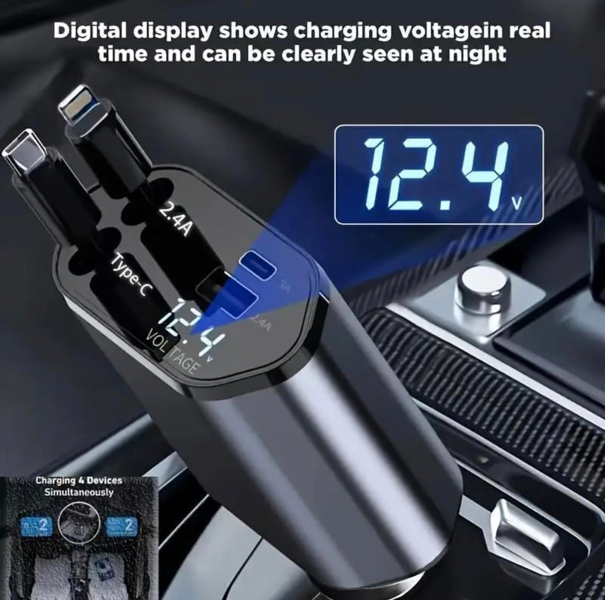 120W Fast Car Charger (2025 New Version) with 80CM Retractable Type-C & 30-pin Port Cables Charging for 4 Devices – Universal Car Mobile Charger for All Smartphones & Tablets (4 in 1 Car Charger)