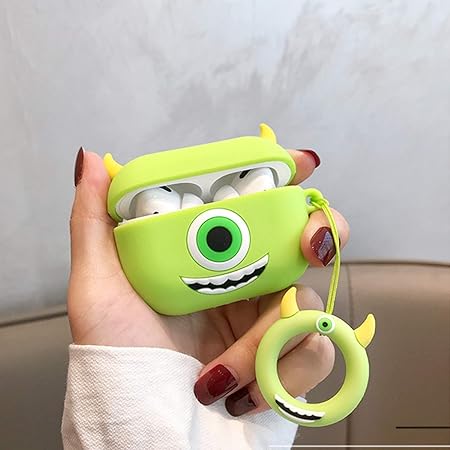 Soft Silicone Protective Case Skin 3D Cute Cartoon Green Monster Design Shockproof Case Cover with Anti-Lost Keyring Compatible for Apple AirPods Pro