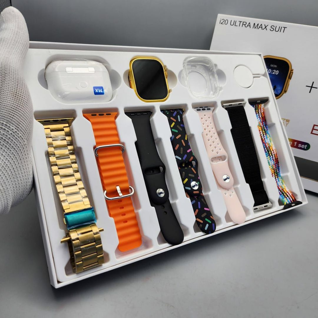 i20 Ultra MAX Suit(10 in 1 Set) SmartWatch + Aiir pods Pro with Transparent Screen Guard Watch with Seven Decorated Straps Rjmobile01