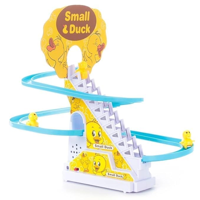 Fun Express Duck Slide Toy Set, Funny Automatic Stair-Climbing Ducklings Cartoon Race Track Set Duck Roller Coaster Escalator Toy with Flashing Lights and Music (Duck Track Set)