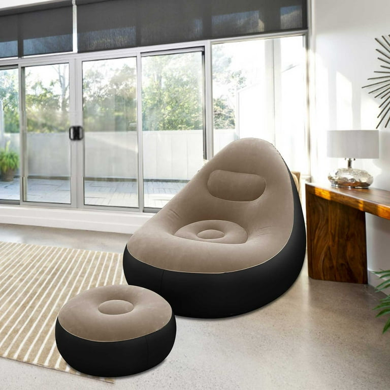 Air Inflatable Folding Sofa, Inflatable Leisure Sofa Chair and Footstool, Outdoor Folding Lounger Flocking Lazy Couch, Lounge Bed Portable Recliner with Air Pump