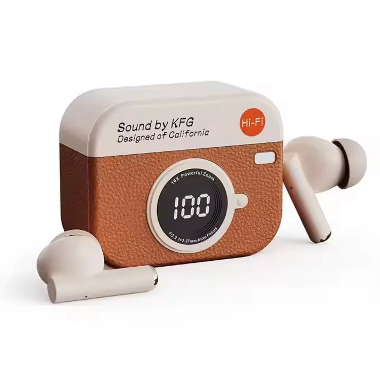 Retro Camera Leather Grain Design Wireless Earbuds Semi-In-Ear Earphones With Screen Digital Display