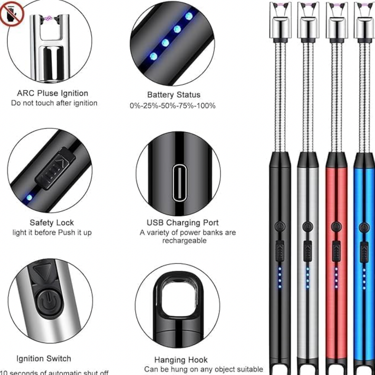 Rechargeable Electric Gas Lighter for Kitchen, Lighter for Gas Stove, Candles, Pooja, C-Type USB, Kitchen Tools, Multi Purpose - 360° Flexible & Windproof
