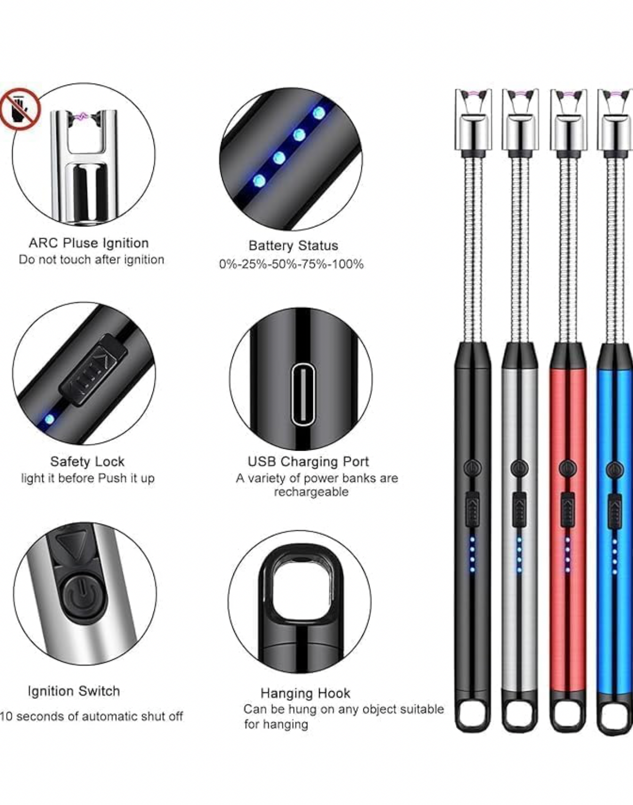 Rechargeable Electric Gas Lighter for Kitchen, Lighter for Gas Stove, Candles, Pooja, C-Type USB, Kitchen Tools, Multi Purpose - 360° Flexible & Windproof