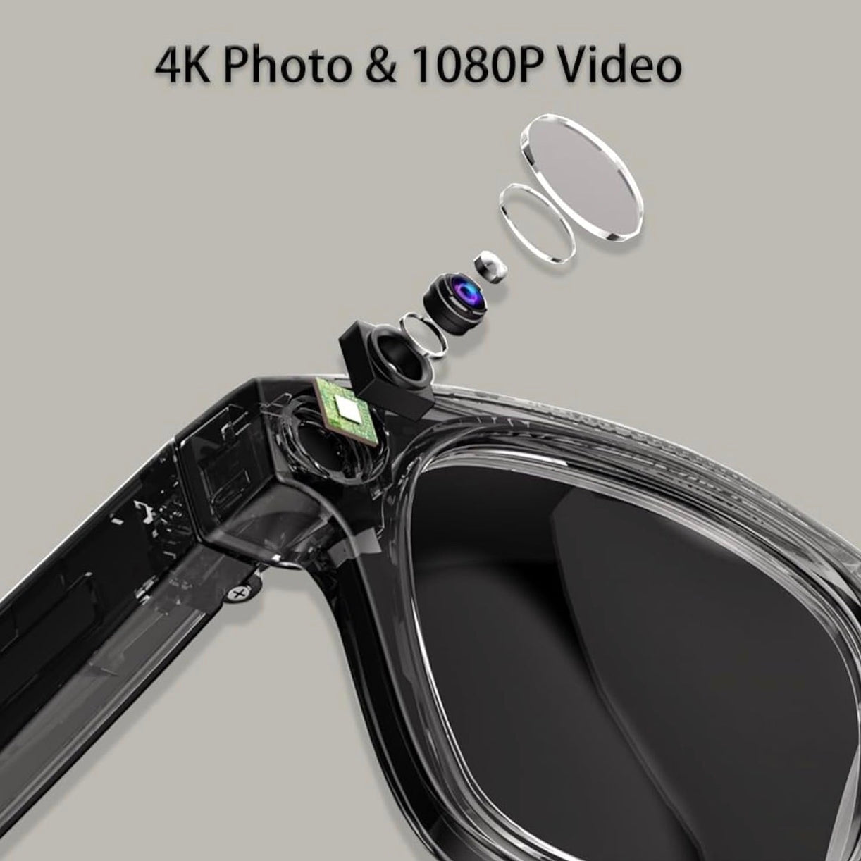 4K Camera Glasses, AI Smart Glasses with Real-Time Translation & Voice Assistant, 2 Lens Set (Blue Light Filter/Black Lens) for Outdoor,Work,Travel, Business