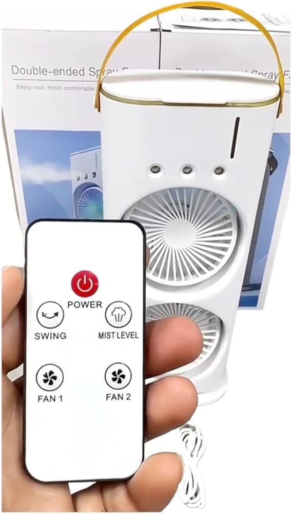 Portable Cooling Fan with Remote Control, 3 Speed Modes, Rotatable with water Tank Mini Air Cooler, Mist Cooling Fan