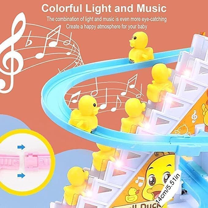 Fun Express Duck Slide Toy Set, Funny Automatic Stair-Climbing Ducklings Cartoon Race Track Set Duck Roller Coaster Escalator Toy with Flashing Lights and Music (Duck Track Set)