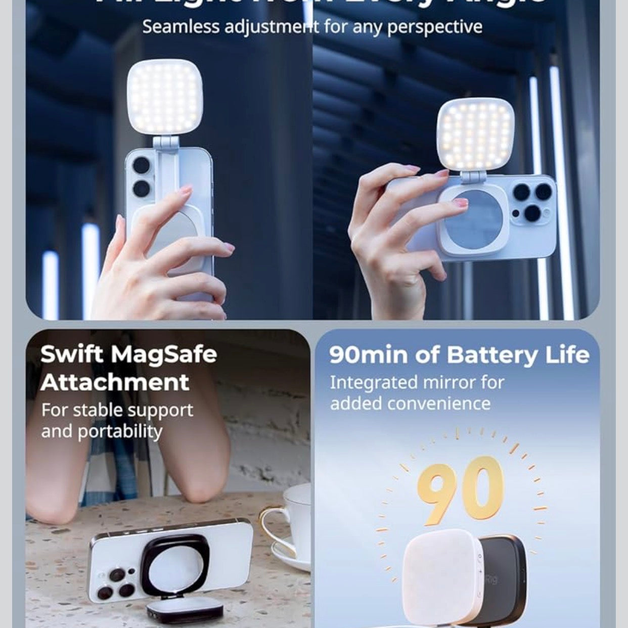 Magnetic Selfie Light for iPhone, Phone Light with a Mirror, Instant Attachment for MagSafe, for Selfies, Video.