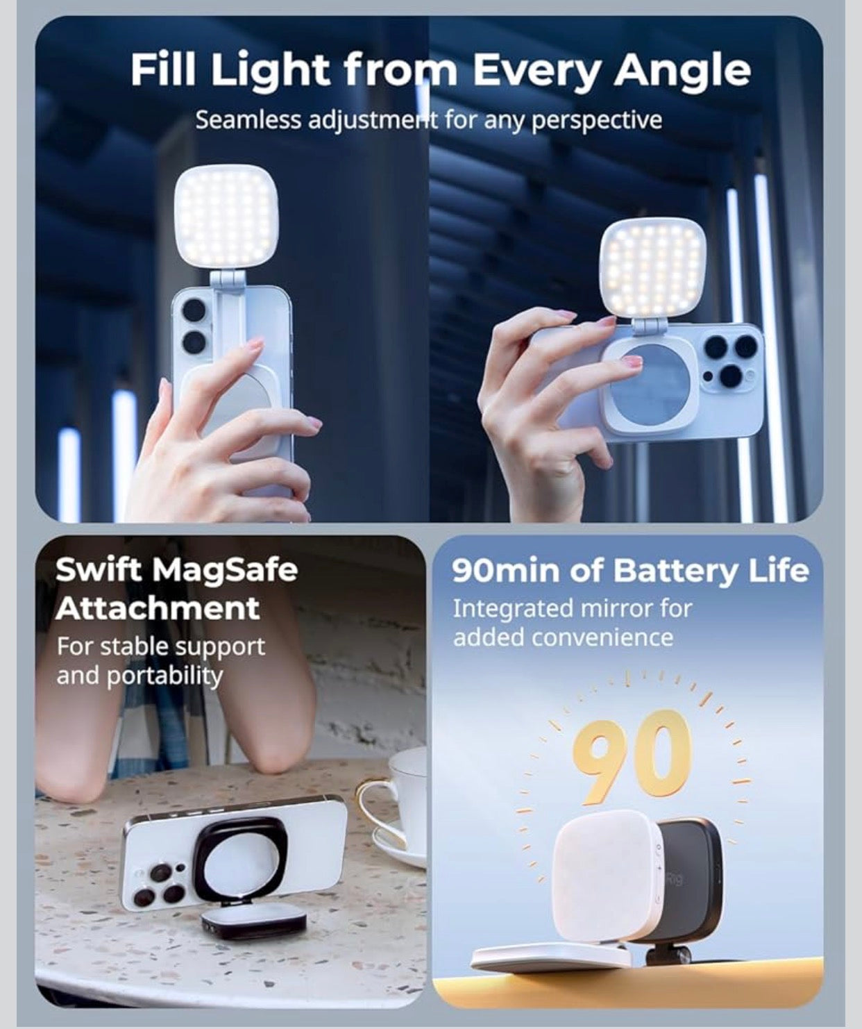 Magnetic Selfie Light for iPhone, Phone Light with a Mirror, Instant Attachment for MagSafe, for Selfies, Video.
