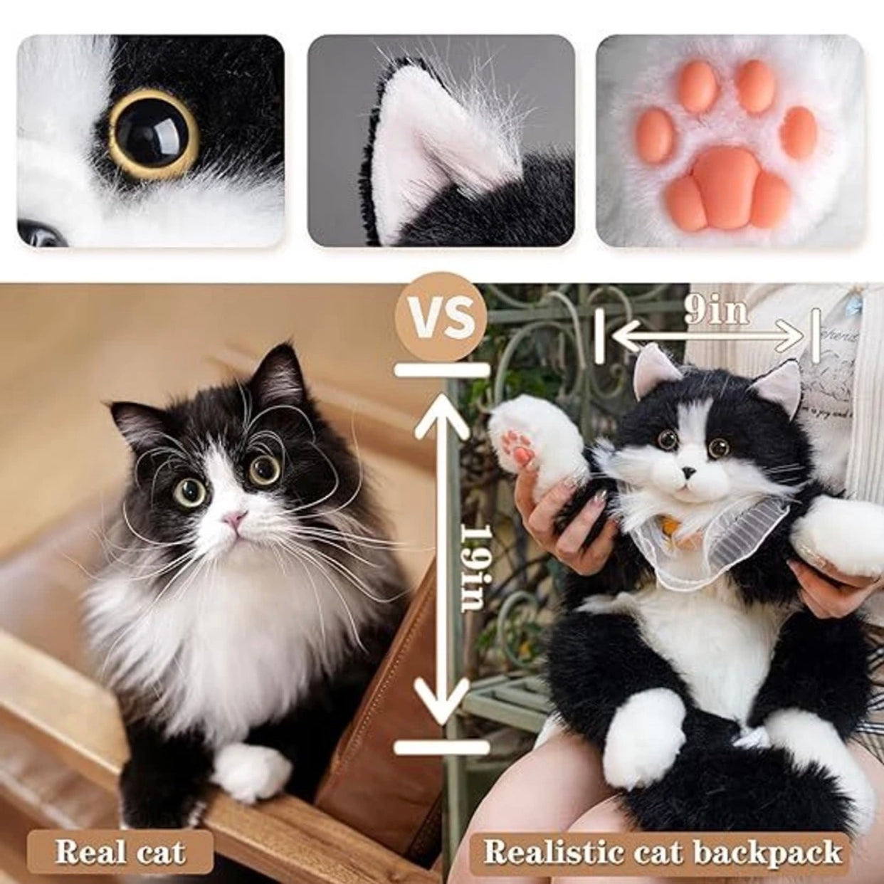 Realistic cute cat bag pack