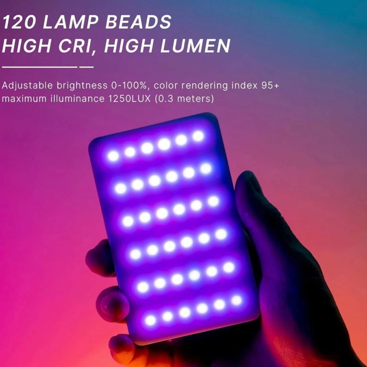 LED Color RGB Light, 1800mAh Rechargeable, Dimmable, 3 Cold Shoe, 1/4 Screw Hole 1250 Ix Camera LED Light