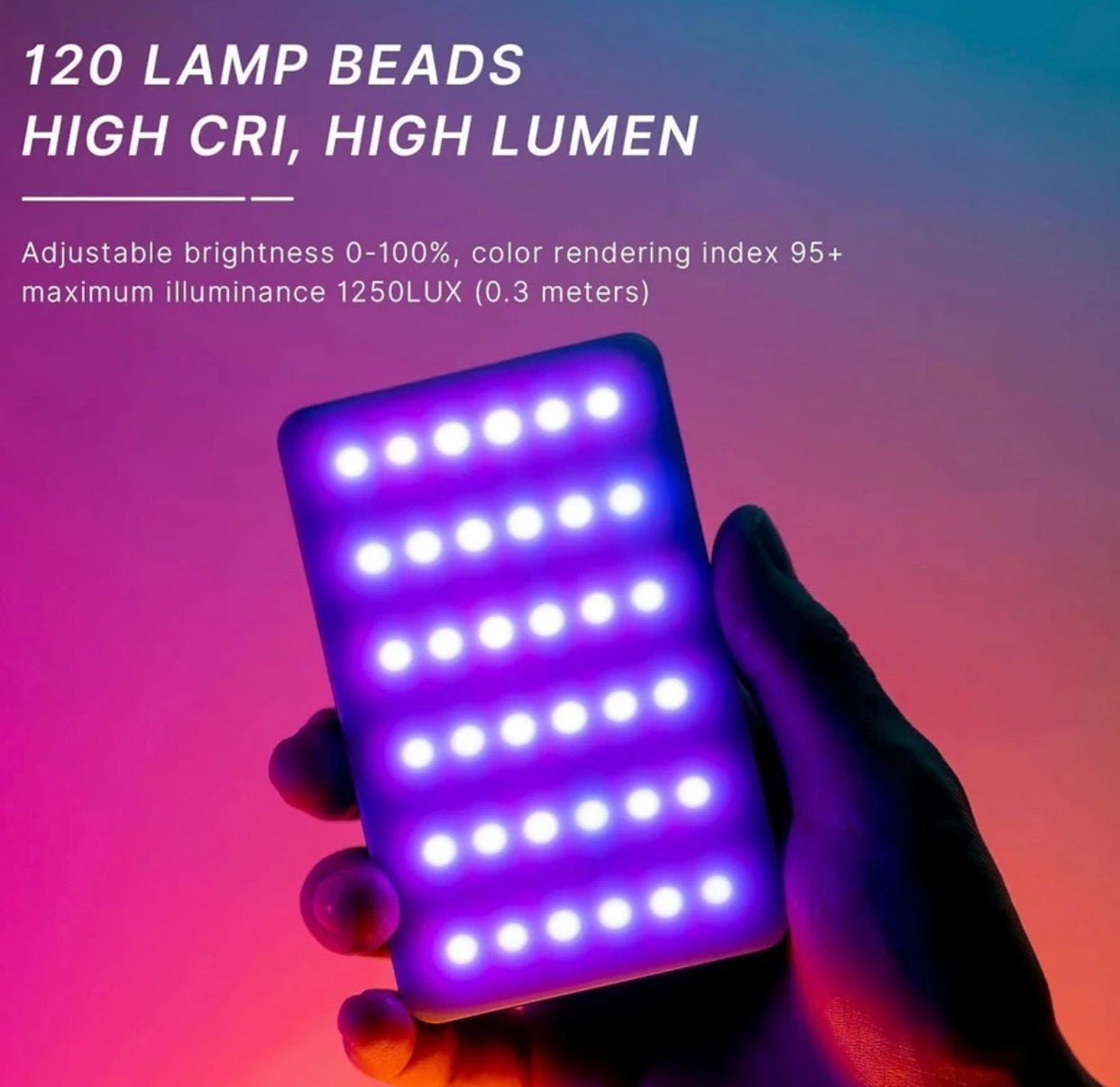 LED Color RGB Light, 1800mAh Rechargeable, Dimmable, 3 Cold Shoe, 1/4 Screw Hole 1250 Ix Camera LED Light