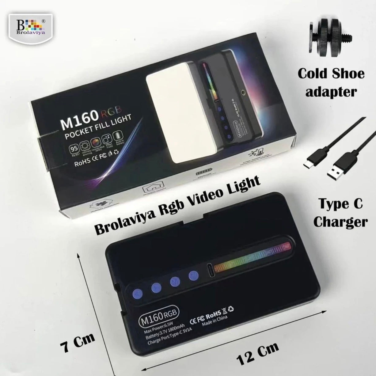 LED Color RGB Light, 1800mAh Rechargeable, Dimmable, 3 Cold Shoe, 1/4 Screw Hole 1250 Ix Camera LED Light