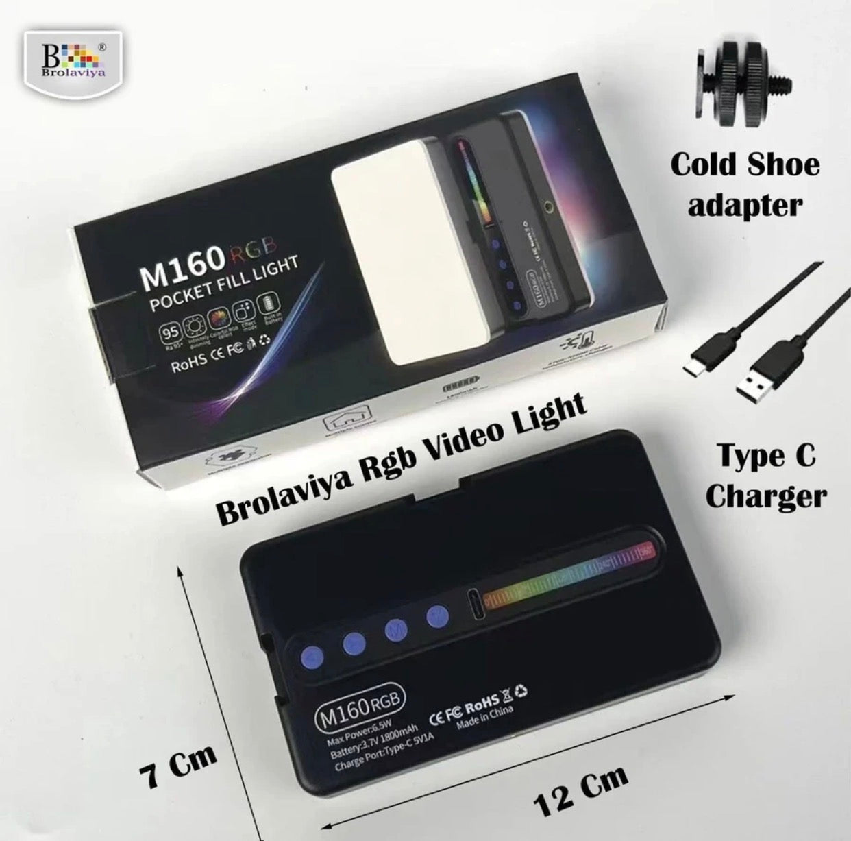 LED Color RGB Light, 1800mAh Rechargeable, Dimmable, 3 Cold Shoe, 1/4 Screw Hole 1250 Ix Camera LED Light
