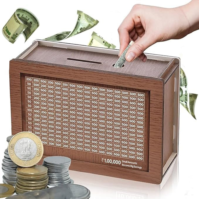 Wooden Money Saving Box | Cash Saver Money Box with Counting Target | Savings Challenge Piggy Bank | Coin and Cash Bank for Boys, Girls and