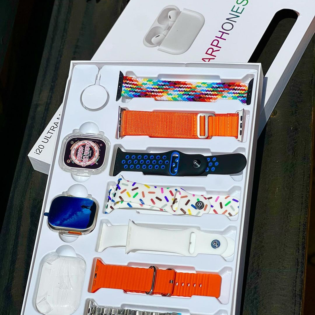 i20 Ultra MAX Suit(10 in 1 Set) SmartWatch + Aiir pods Pro with Transparent Screen Guard Watch with Seven Decorated Straps Rjmobile01