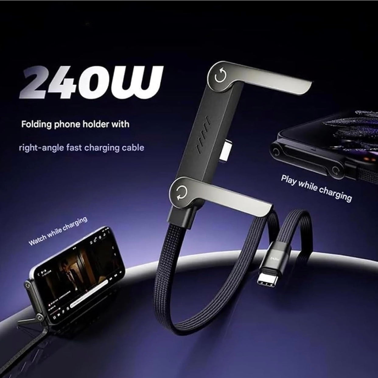 2-in-1 Invisible Holder Charger Cable – 240W Fast Charging Cord with Built-in Phone Stand, Tangle-Free Nylon Cables for Smartphones Tablets.
