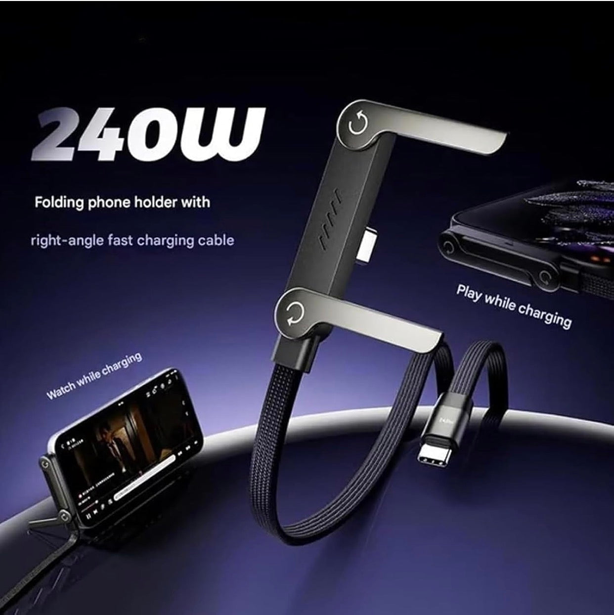 2-in-1 Invisible Holder Charger Cable – 240W Fast Charging Cord with Built-in Phone Stand, Tangle-Free Nylon Cables for Smartphones Tablets.