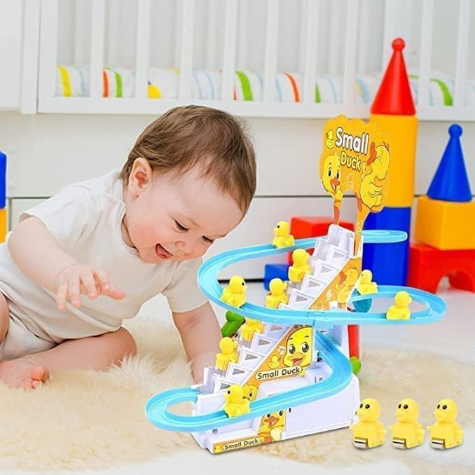 Fun Express Duck Slide Toy Set, Funny Automatic Stair-Climbing Ducklings Cartoon Race Track Set Duck Roller Coaster Escalator Toy with Flashing Lights and Music (Duck Track Set)