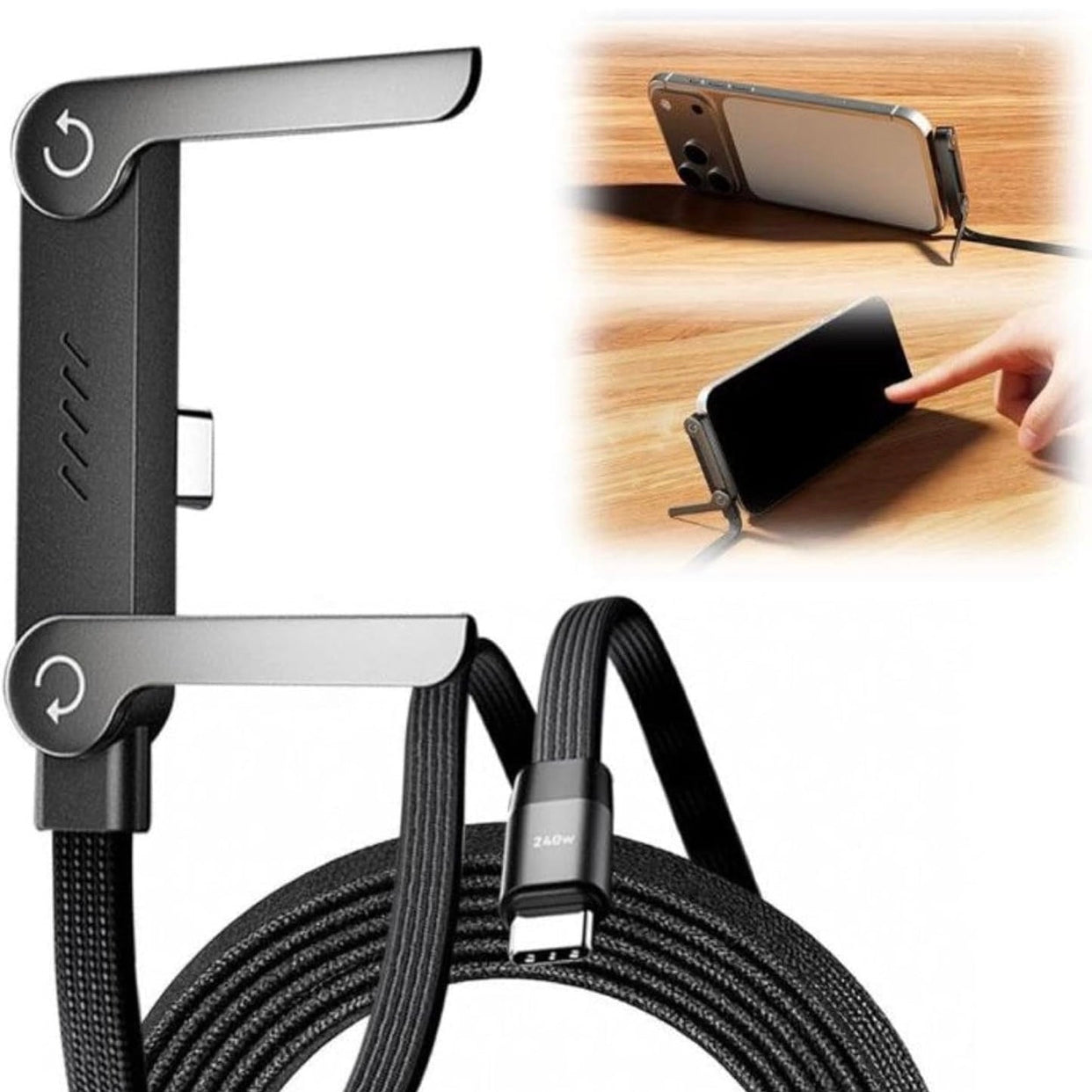 2-in-1 Invisible Holder Charger Cable – 240W Fast Charging Cord with Built-in Phone Stand, Tangle-Free Nylon Cables for Smartphones Tablets.