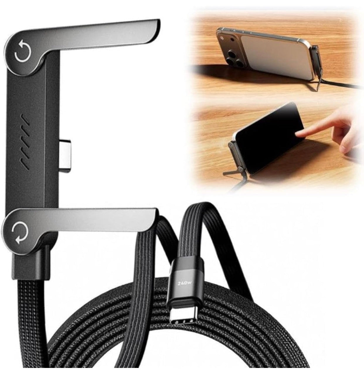 2-in-1 Invisible Holder Charger Cable – 240W Fast Charging Cord with Built-in Phone Stand, Tangle-Free Nylon Cables for Smartphones Tablets.