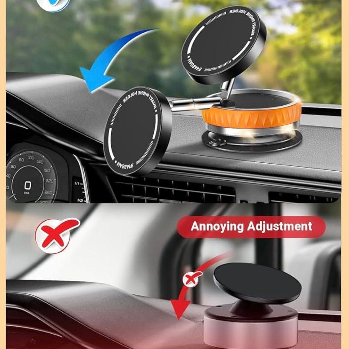 360° Rotation Magnetic Suction Phone Mount for Car Adjustable Swivel Locking Holder for iPhone and Android Ideal for Smooth Surfaces