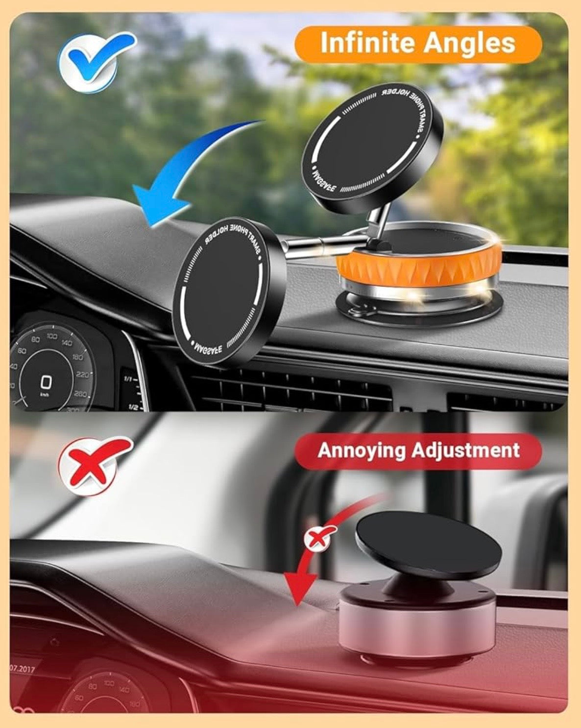 360° Rotation Magnetic Suction Phone Mount for Car Adjustable Swivel Locking Holder for iPhone and Android Ideal for Smooth Surfaces