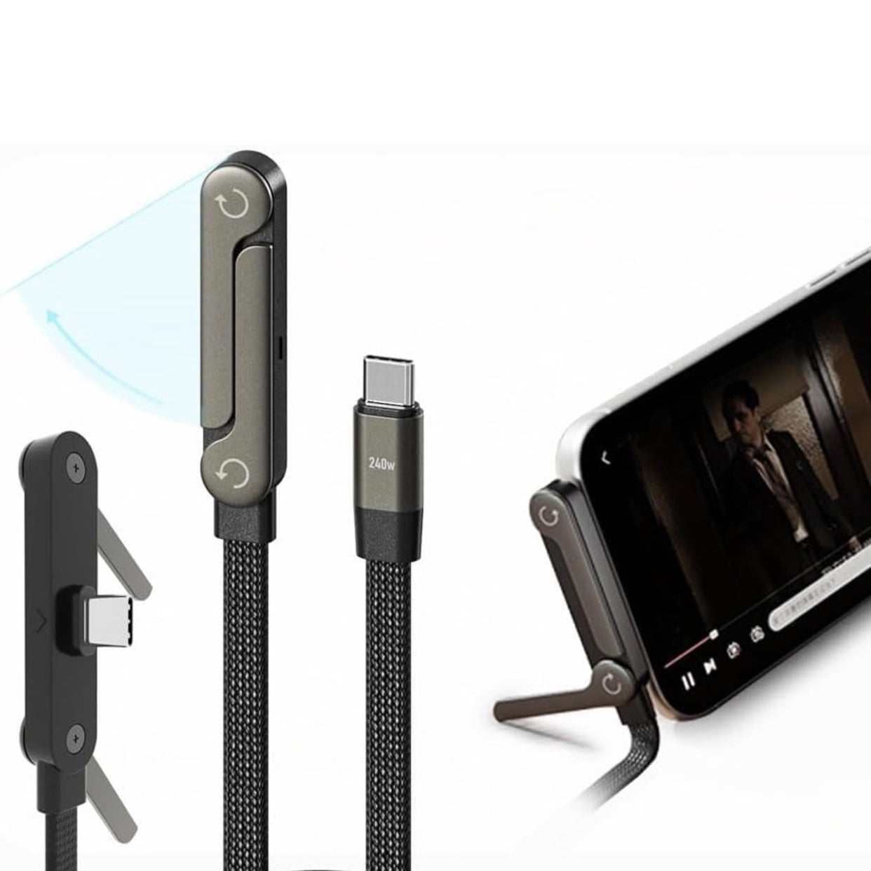 2-in-1 Invisible Holder Charger Cable – 240W Fast Charging Cord with Built-in Phone Stand, Tangle-Free Nylon Cables for Smartphones Tablets.