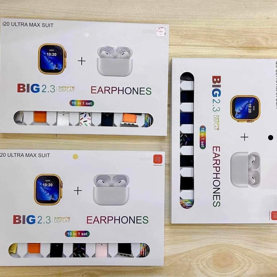 i20 Ultra MAX Suit(10 in 1 Set) SmartWatch + Aiir pods Pro with Transparent Screen Guard Watch with Seven Decorated Straps Rjmobile01