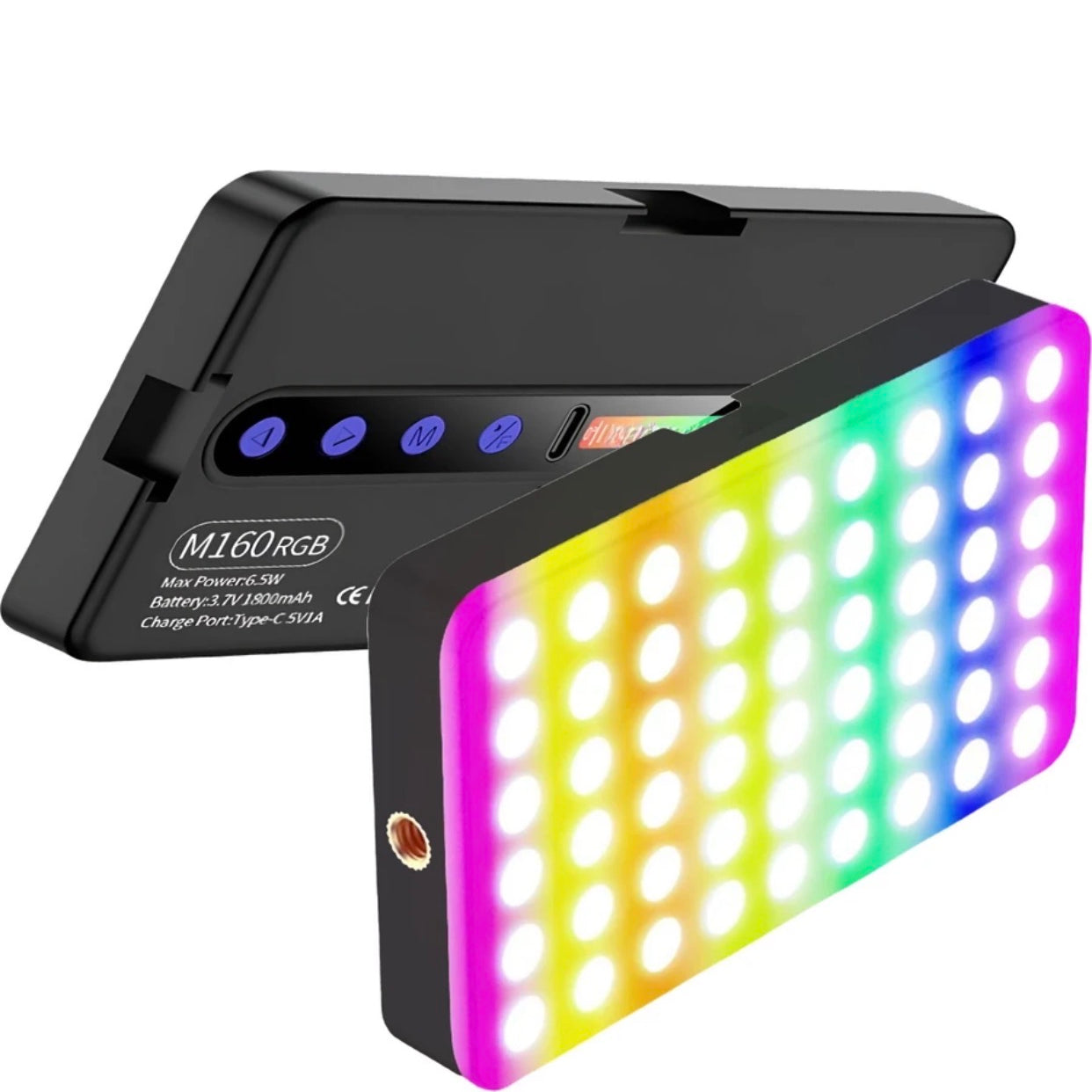 LED Color RGB Light, 1800mAh Rechargeable, Dimmable, 3 Cold Shoe, 1/4 Screw Hole 1250 Ix Camera LED Light