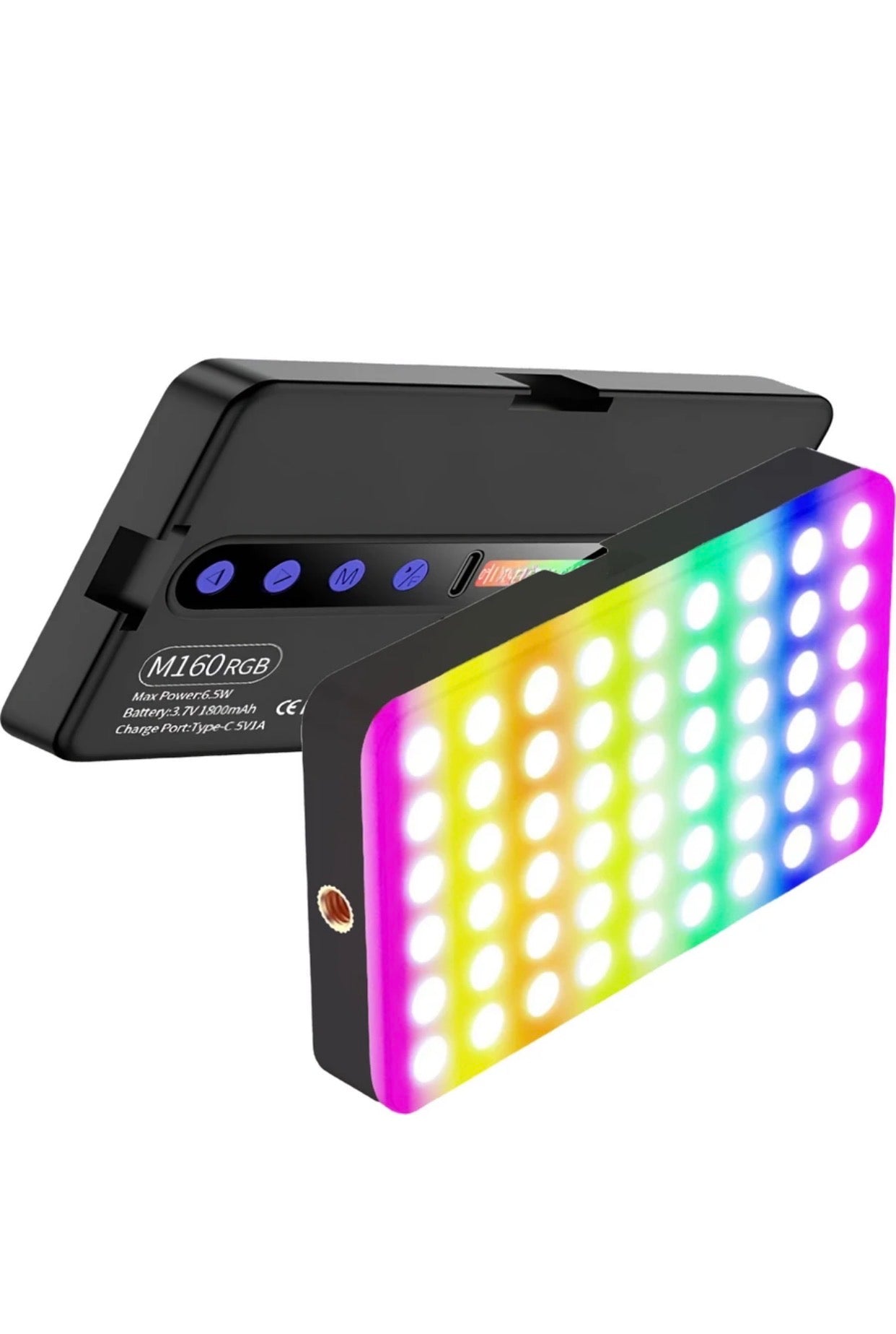 LED Color RGB Light, 1800mAh Rechargeable, Dimmable, 3 Cold Shoe, 1/4 Screw Hole 1250 Ix Camera LED Light