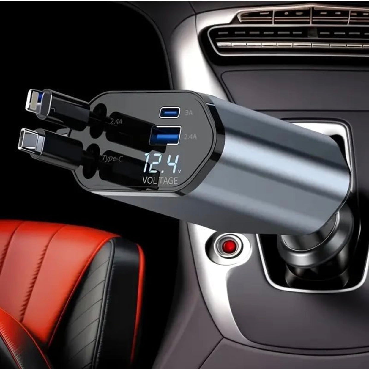 120W Fast Car Charger (2025 New Version) with 80CM Retractable Type-C & 30-pin Port Cables Charging for 4 Devices – Universal Car Mobile Charger for All Smartphones & Tablets (4 in 1 Car Charger)