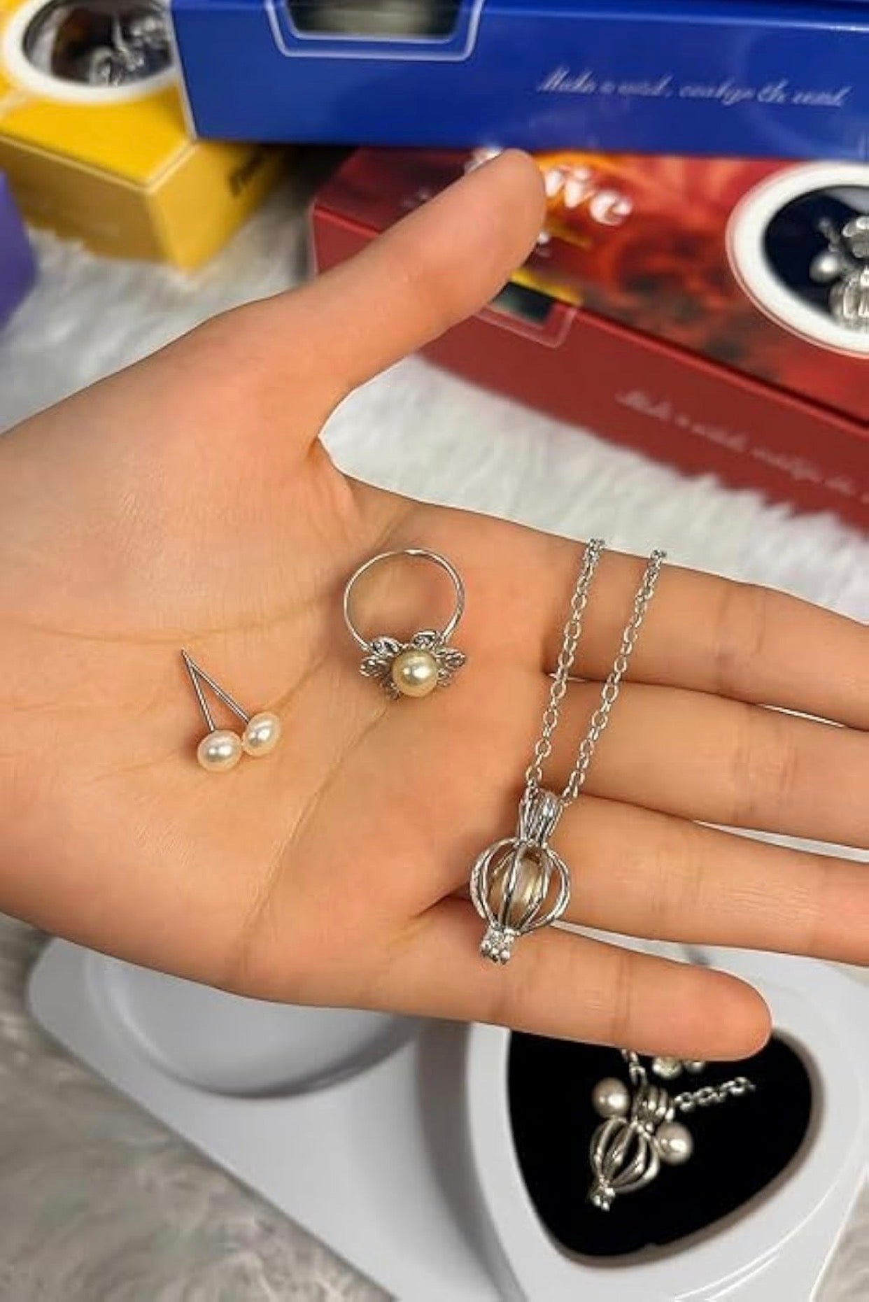 WomenLove Wish White Pearl Kit - Your Own Pearl Pendant love pearl necklace kit with Earrings Valentine Gifts for Girlfriend
