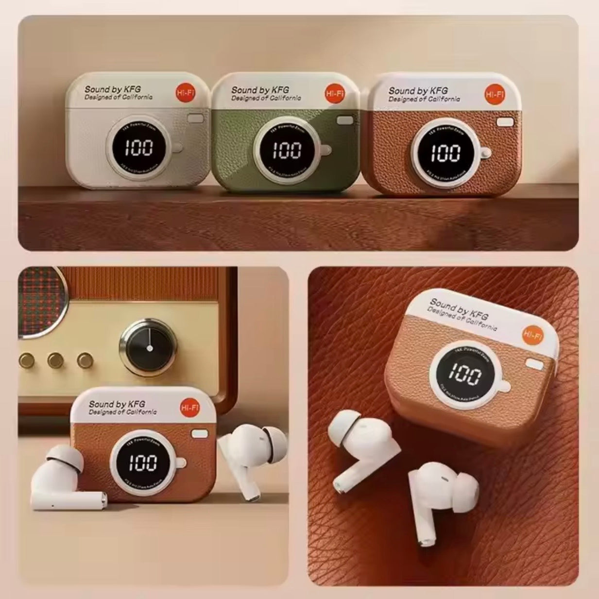 Retro Camera Leather Grain Design Wireless Earbuds Semi-In-Ear Earphones With Screen Digital Display