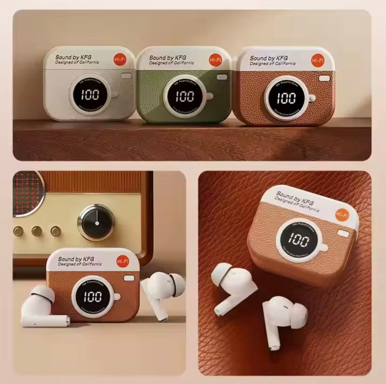 Retro Camera Leather Grain Design Wireless Earbuds Semi-In-Ear Earphones With Screen Digital Display