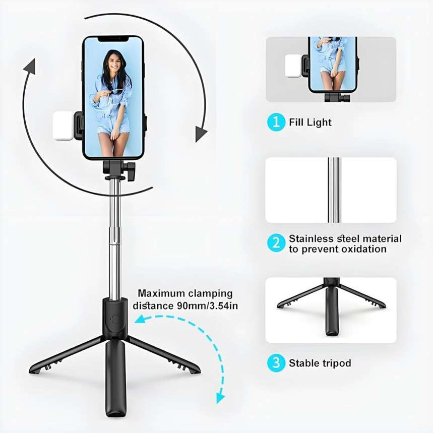 R1S-L Portable Selfie Stick with Mini 3 Legs Tripod Stand with LED Fill Light Long Bluetooth