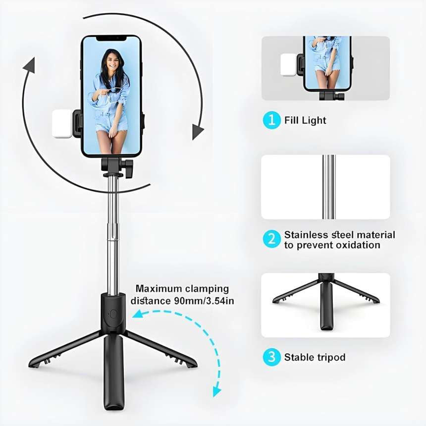 R1S-L Portable Selfie Stick with Mini 3 Legs Tripod Stand with LED Fill Light Long Bluetooth