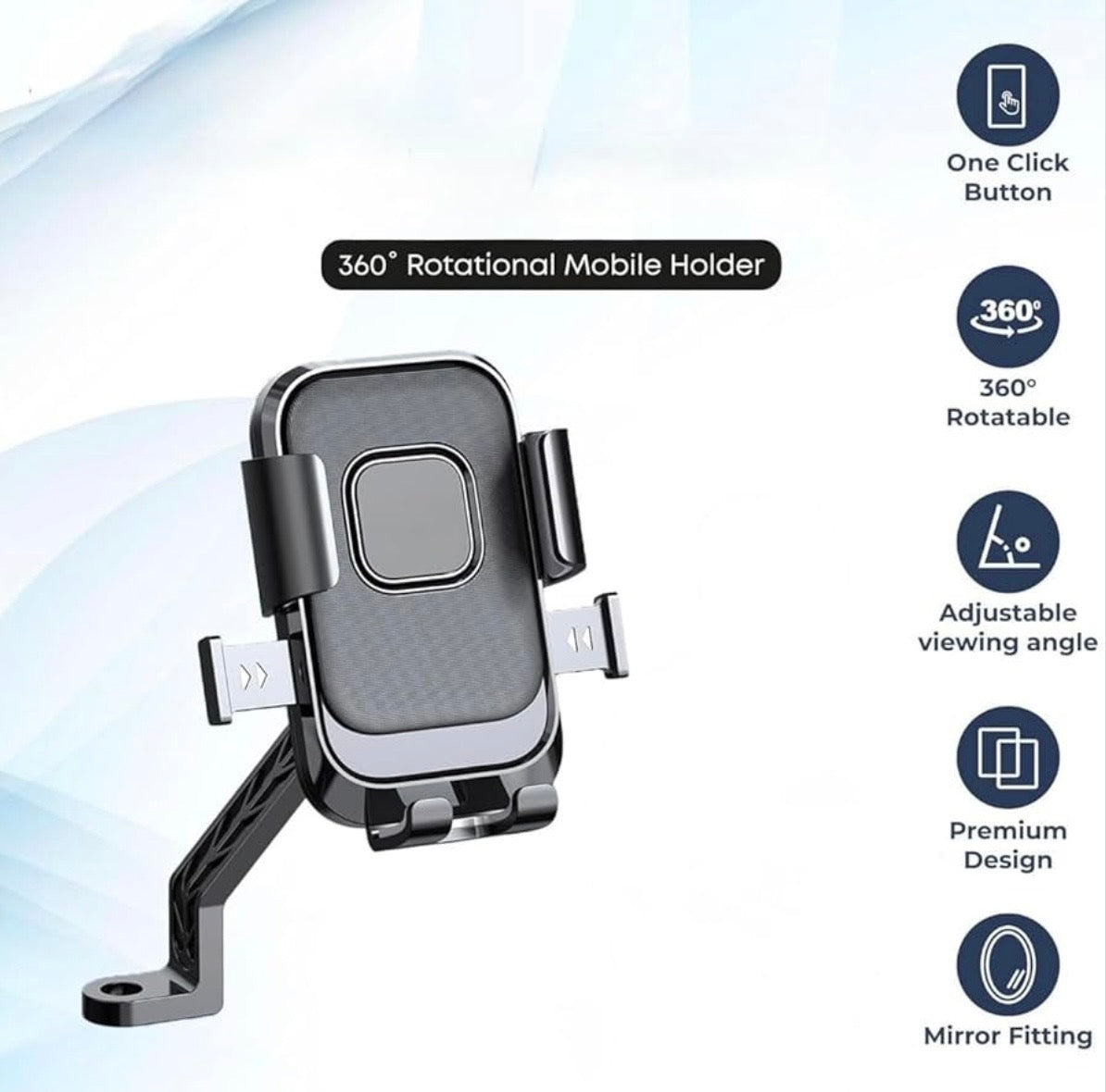 Bike Mobile Mirror Holder – One-Click Lock, Anti-Shake, 360° Rotation – Firm Grip Phone Mount for Scooty, Activa, Jupiter, Electric Scooters & Motorcycles