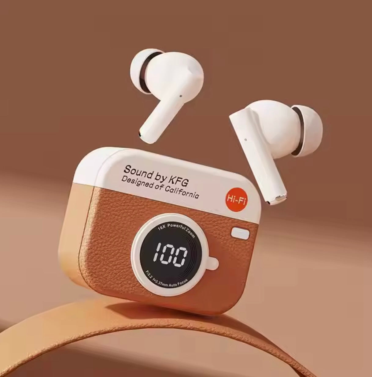 Retro Camera Leather Grain Design Wireless Earbuds Semi-In-Ear Earphones With Screen Digital Display