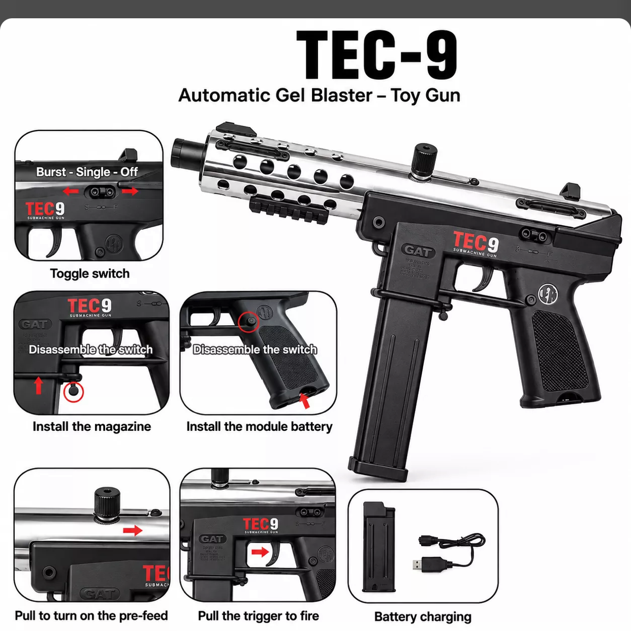 Tec-9 Electric Gel Blaster Gun (Hobby Grade)
