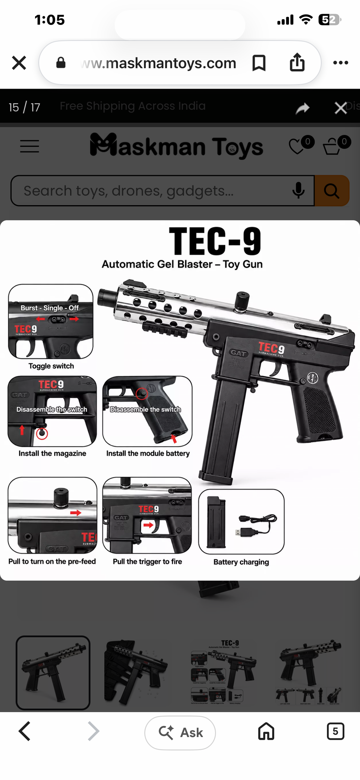 Tec-9 Electric Gel Blaster Gun (Hobby Grade)