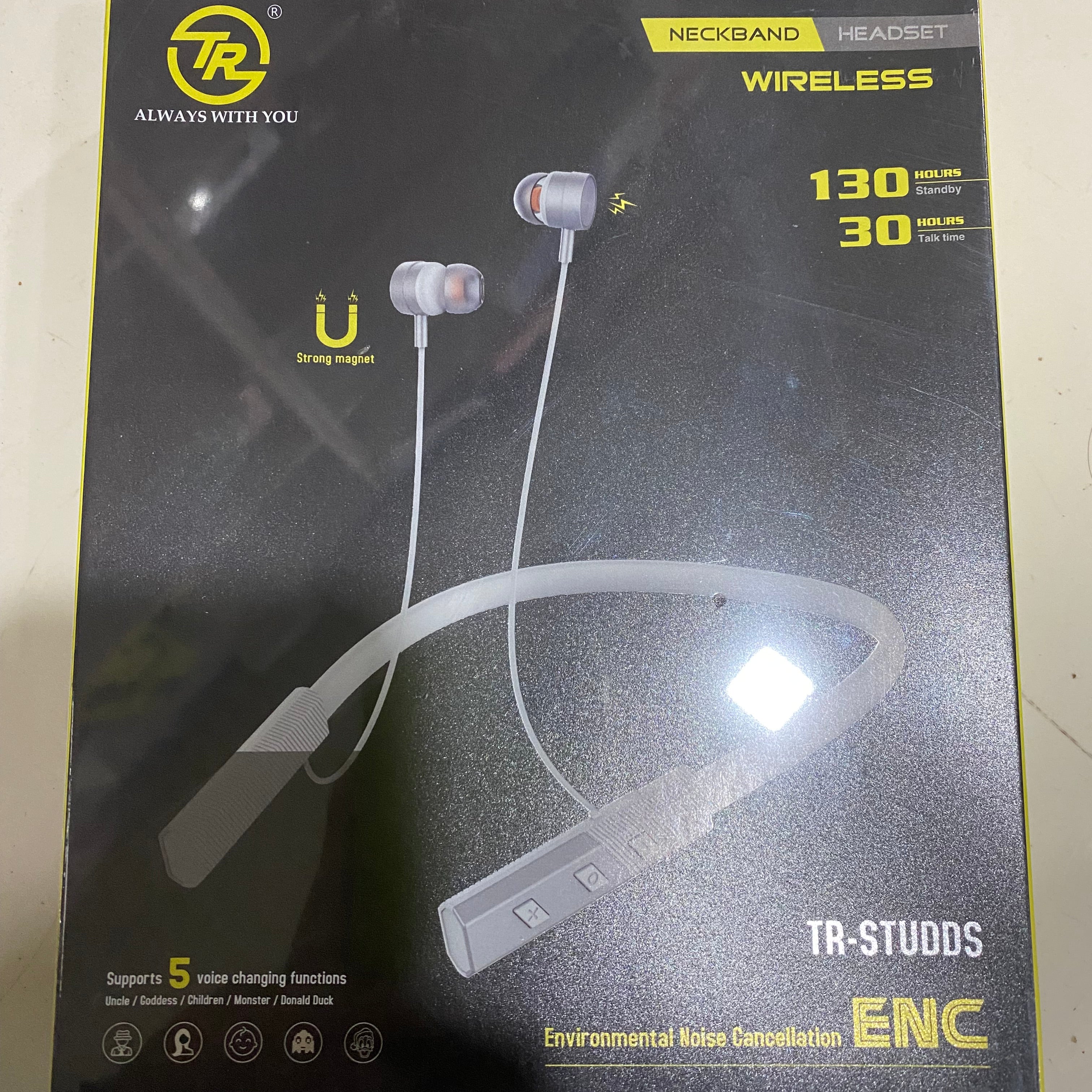 Voice changer neckband earphone featuring environmental noise cancellation (ENC) and magnetic earbuds.
