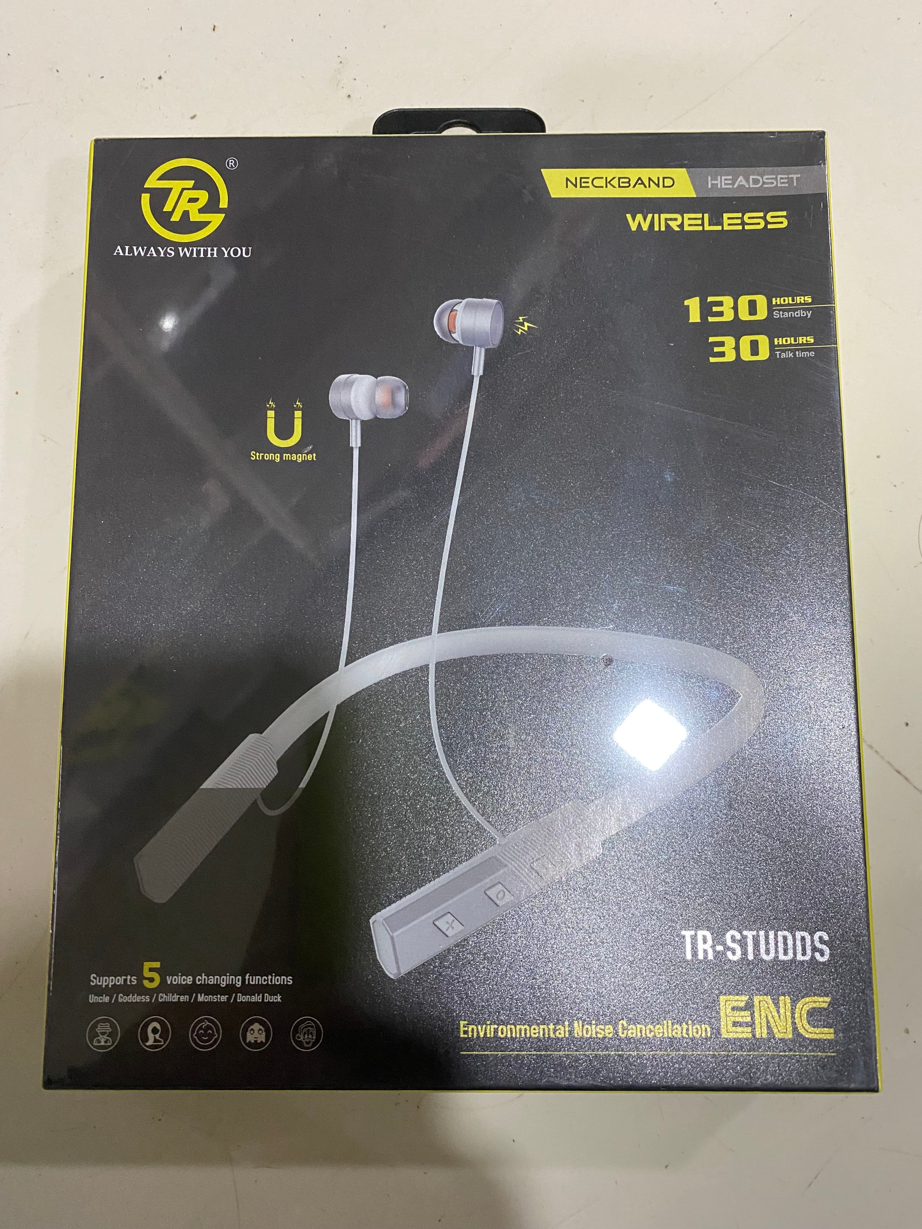 Voice changer neckband earphone featuring environmental noise cancellation (ENC) and magnetic earbuds.