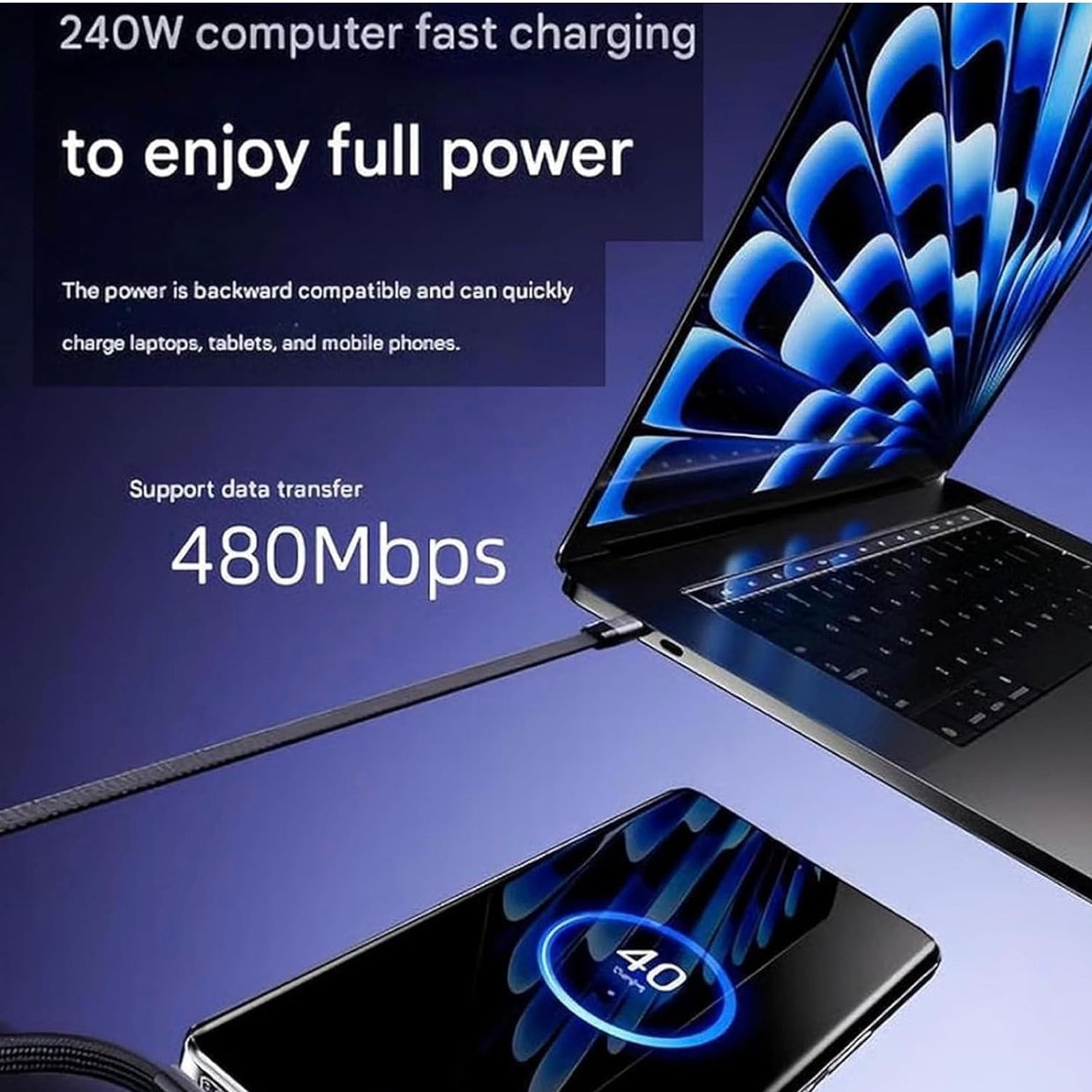 2-in-1 Invisible Holder Charger Cable – 240W Fast Charging Cord with Built-in Phone Stand, Tangle-Free Nylon Cables for Smartphones Tablets.