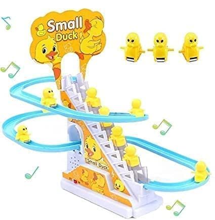 Fun Express Duck Slide Toy Set, Funny Automatic Stair-Climbing Ducklings Cartoon Race Track Set Duck Roller Coaster Escalator Toy with Flashing Lights and Music (Duck Track Set)