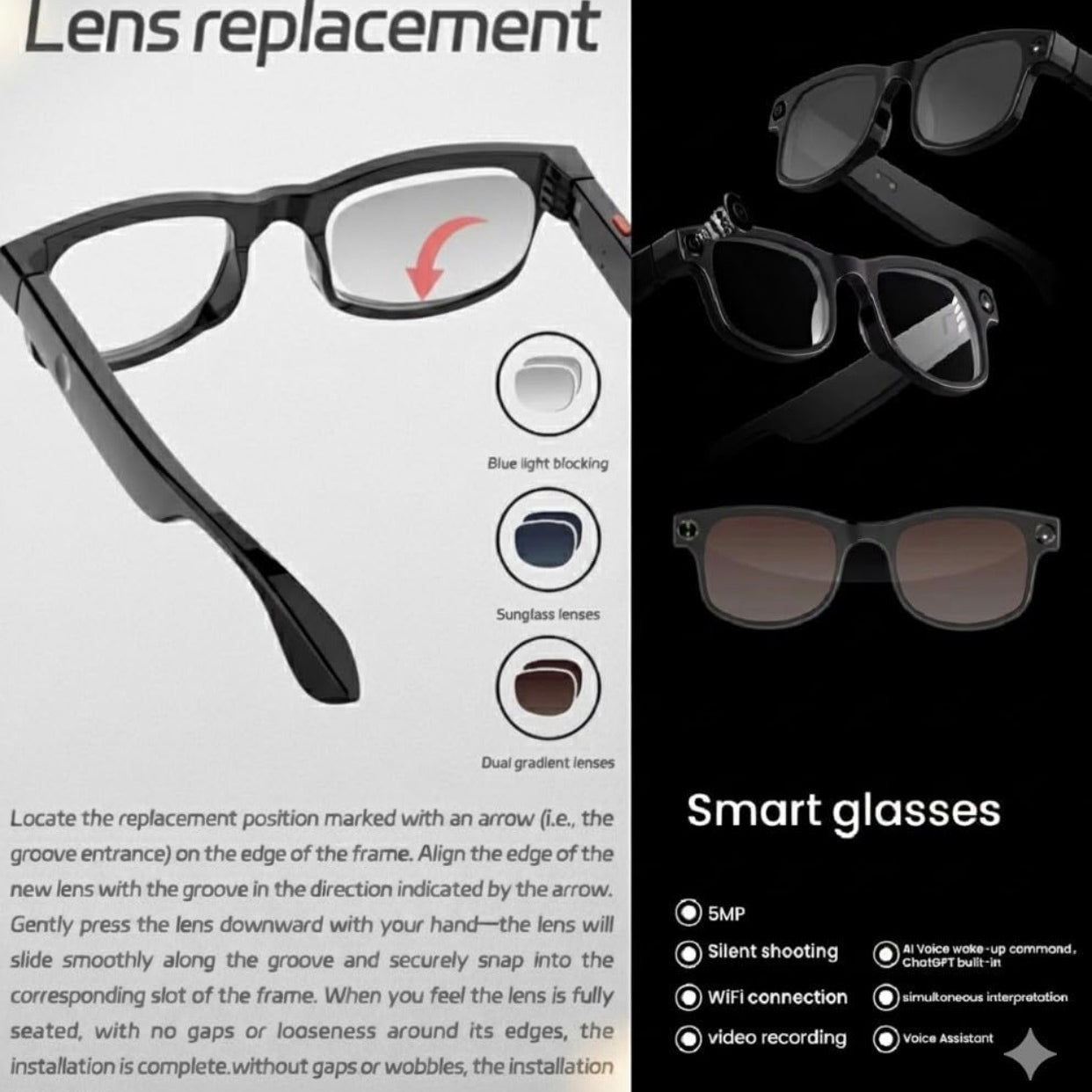 AI Video Smart Glasses for Men & Women- 8MP HD Video Recording Camera, Bluetooth Audio/Calls, Voice Assistant for Outdoor Sports & Driving