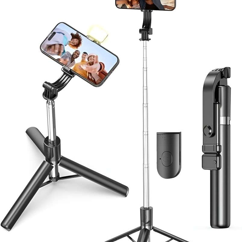 R1S-L Portable Selfie Stick with Mini 3 Legs Tripod Stand with LED Fill Light Long Bluetooth