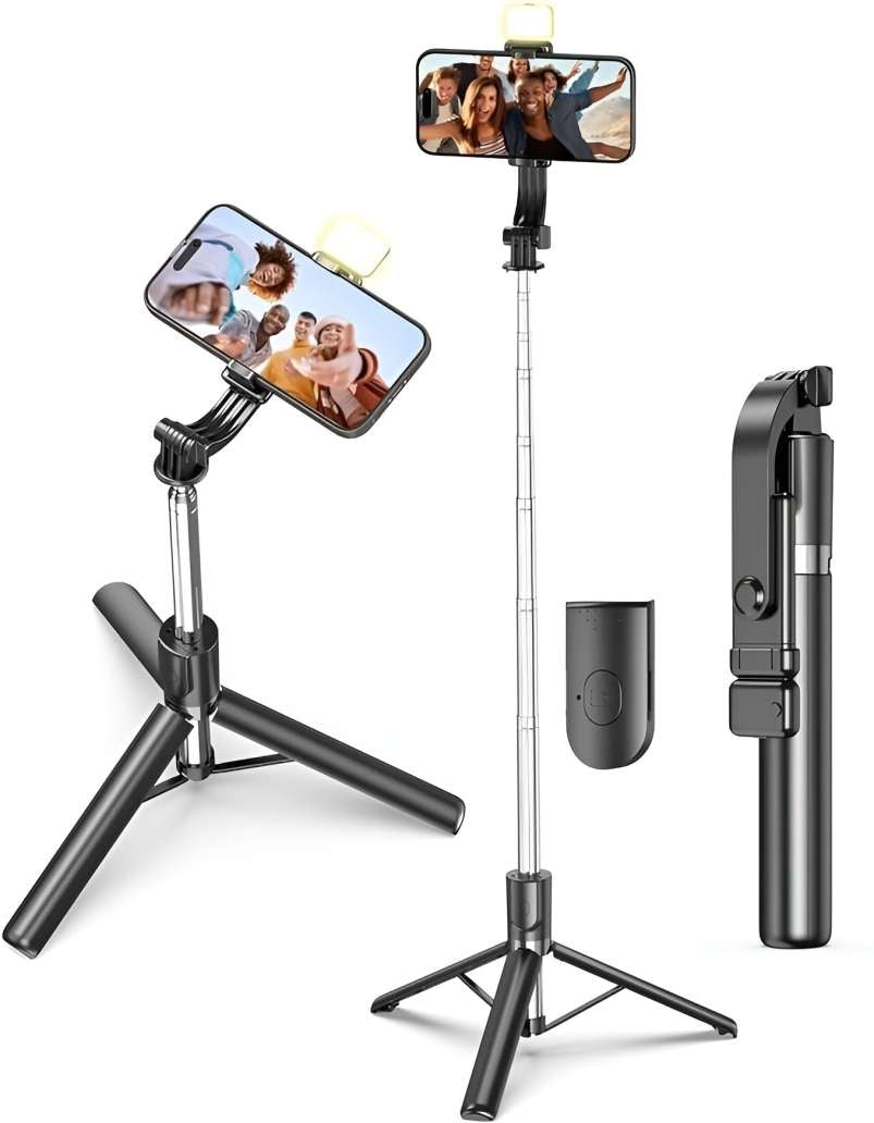 R1S-L Portable Selfie Stick with Mini 3 Legs Tripod Stand with LED Fill Light Long Bluetooth