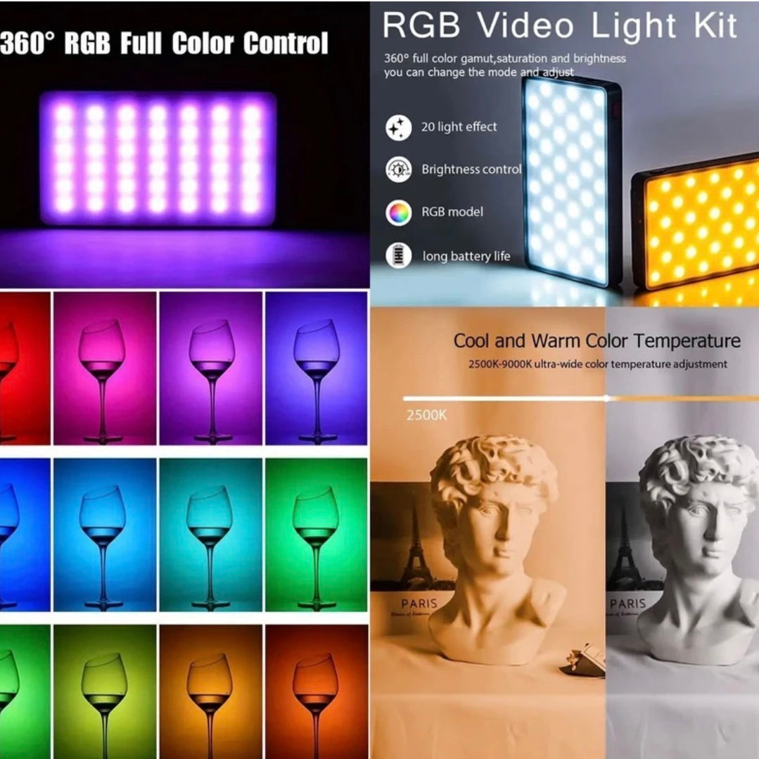 LED Color RGB Light, 1800mAh Rechargeable, Dimmable, 3 Cold Shoe, 1/4 Screw Hole 1250 Ix Camera LED Light